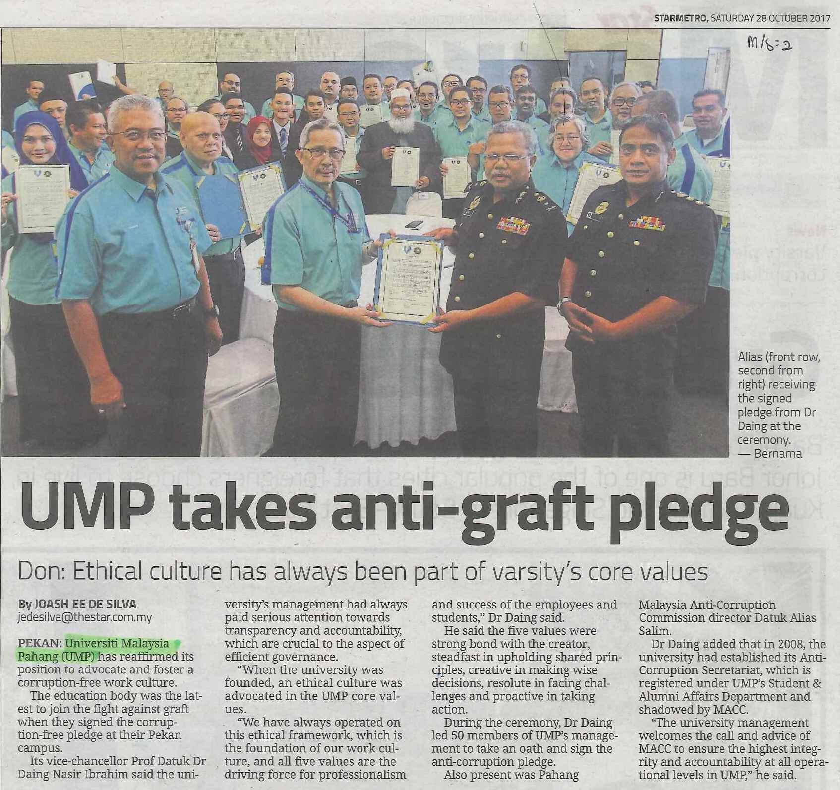UMP takes anti-graft pledge