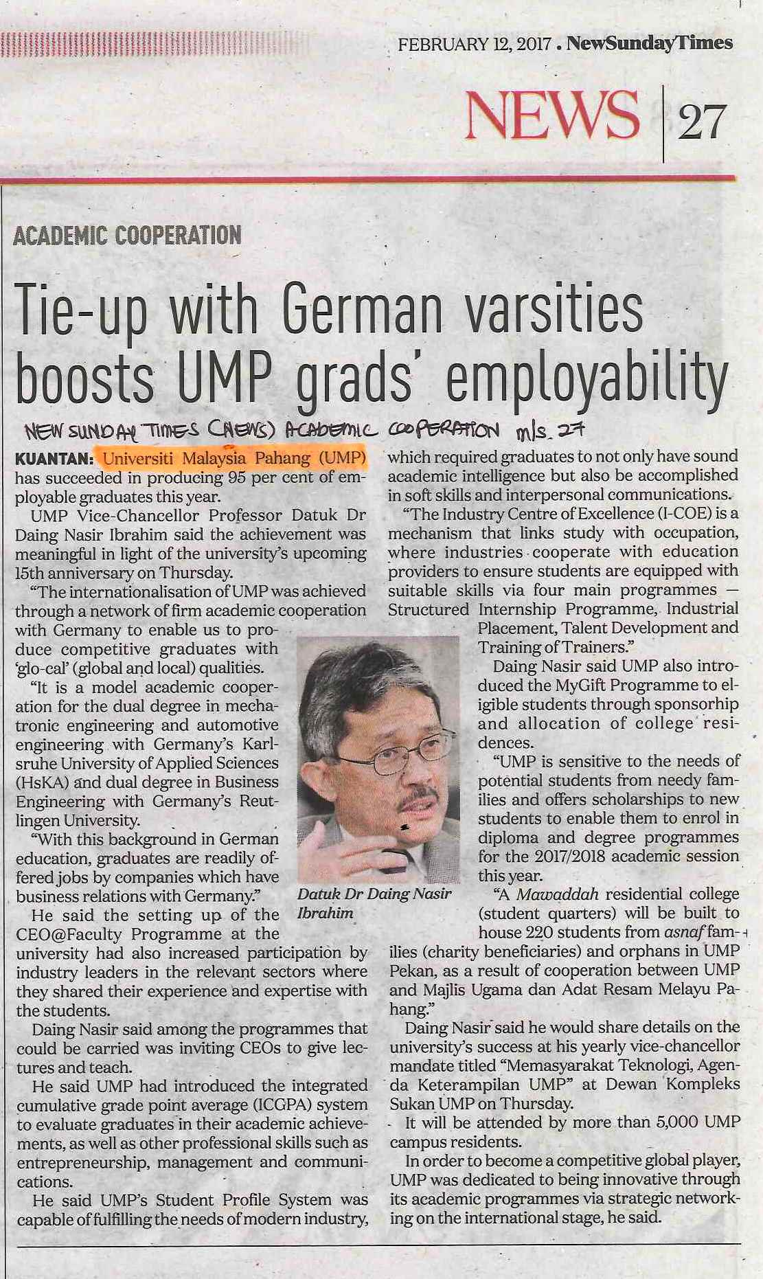 Tie-up with German varsities boots UMP Grad's employability