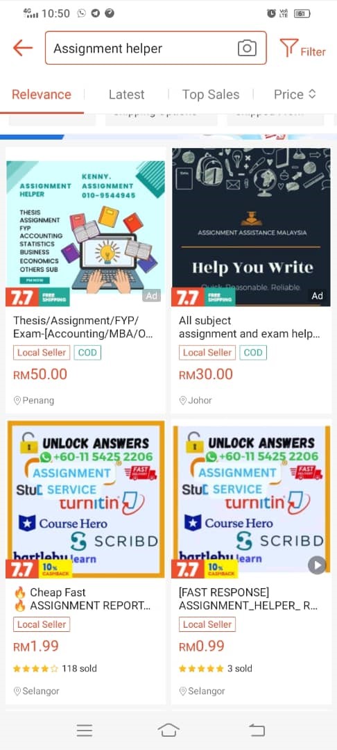 Various contract cheating services are available on Shopee