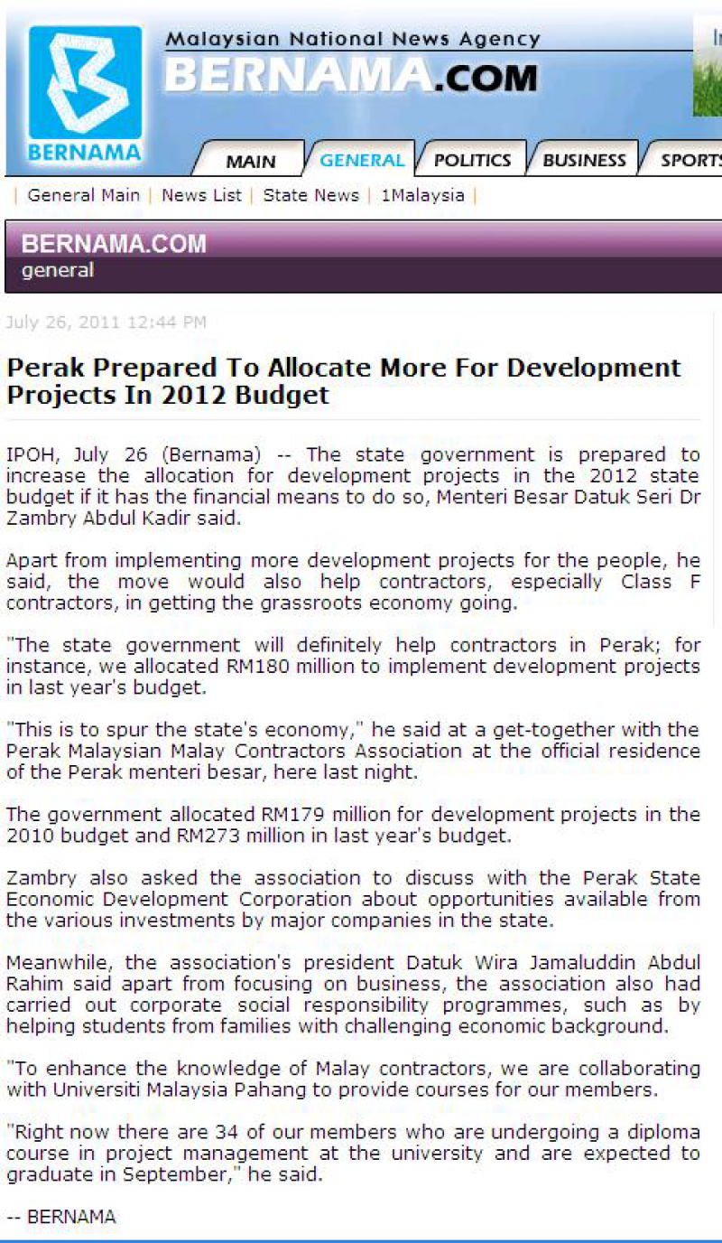 Perak Prepared To Allocate More For Development Project In 2012