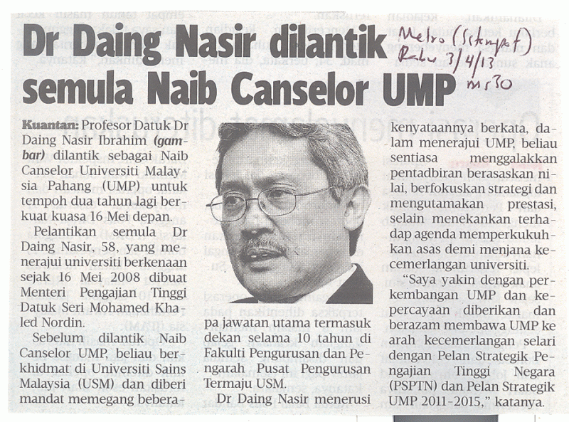 Dr Daing Nasir Dilantik Semula Naib Canselor UMP