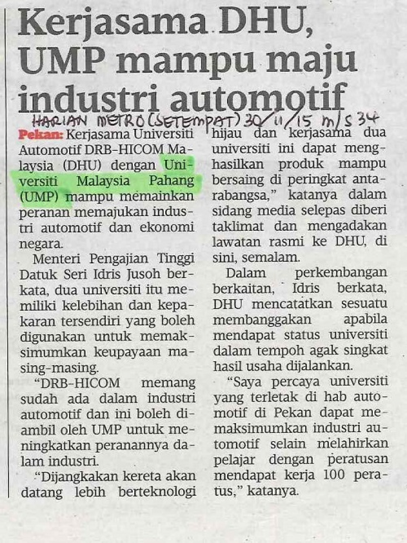 Kerjasama DHU,UMP mampu maju industri automotif