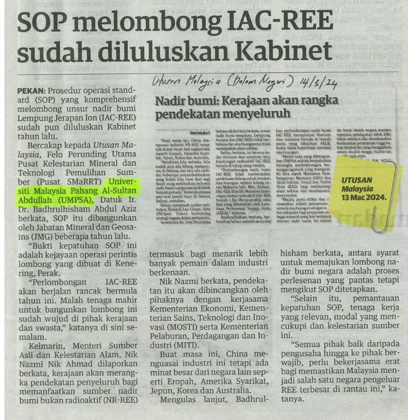 SOP melombong IAC-REE sudah diluluskan Kabinet 