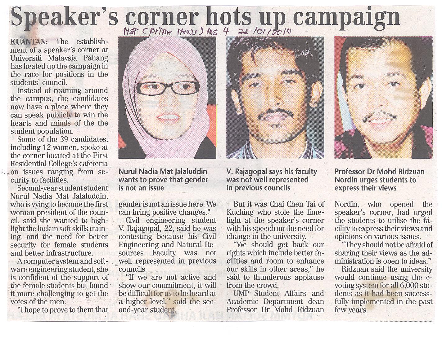 News Straits Times : Speaker's Corner Hots Up Campaign