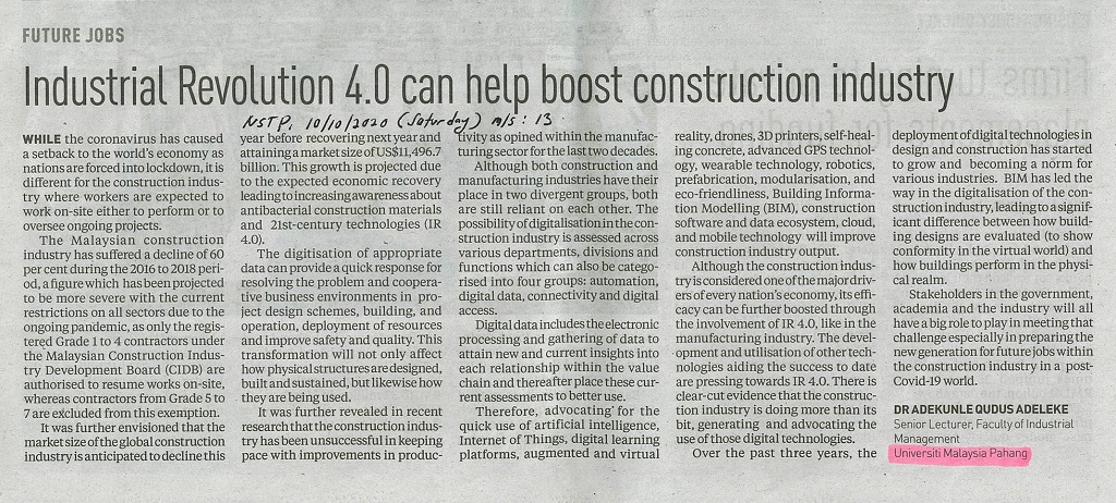 Industrial Revolution 4.0 can help boost construction industry