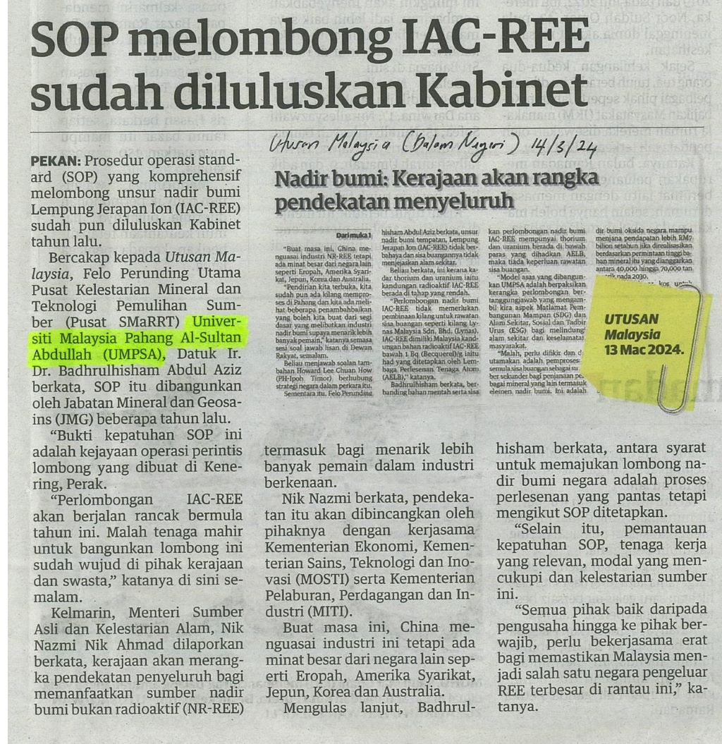 SOP melombong IAC-REE sudah diluluskan Kabinet 