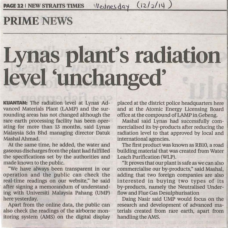 Lynas plant's radiation level "unchanged"