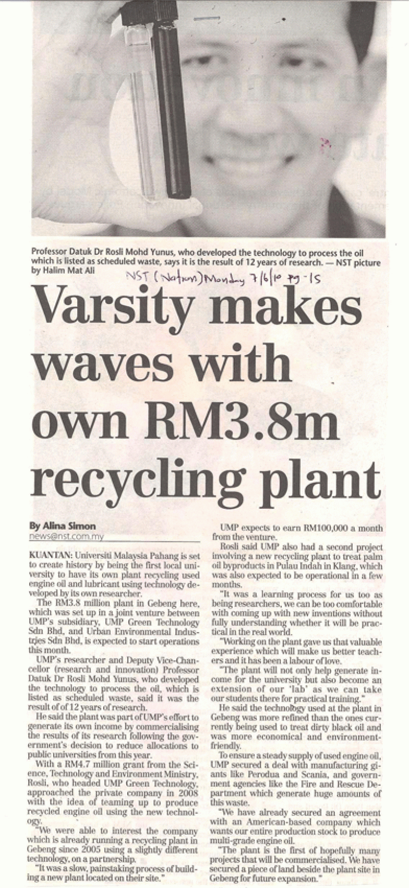 Varsity Makes Waves With Own RM3.8m Recyling Plant