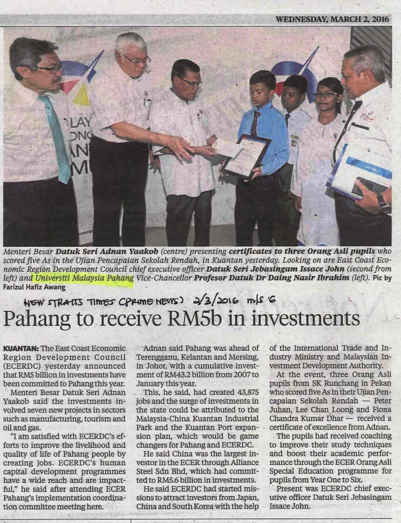 Pahang To Receive RM5b In Investment