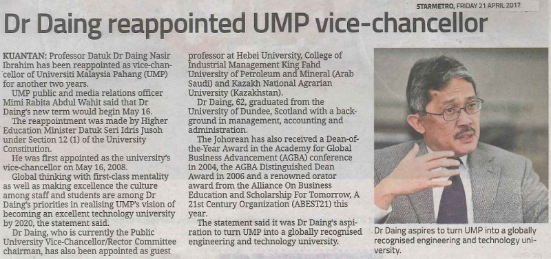 Dr Daing Reappointed UMP Vice-Chancellor