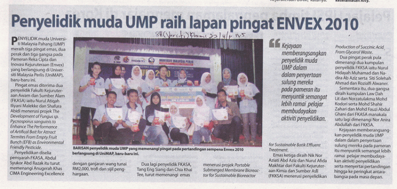 Penyelidik Muda UMP Raih Lapan Pingat ENVEX 2010 