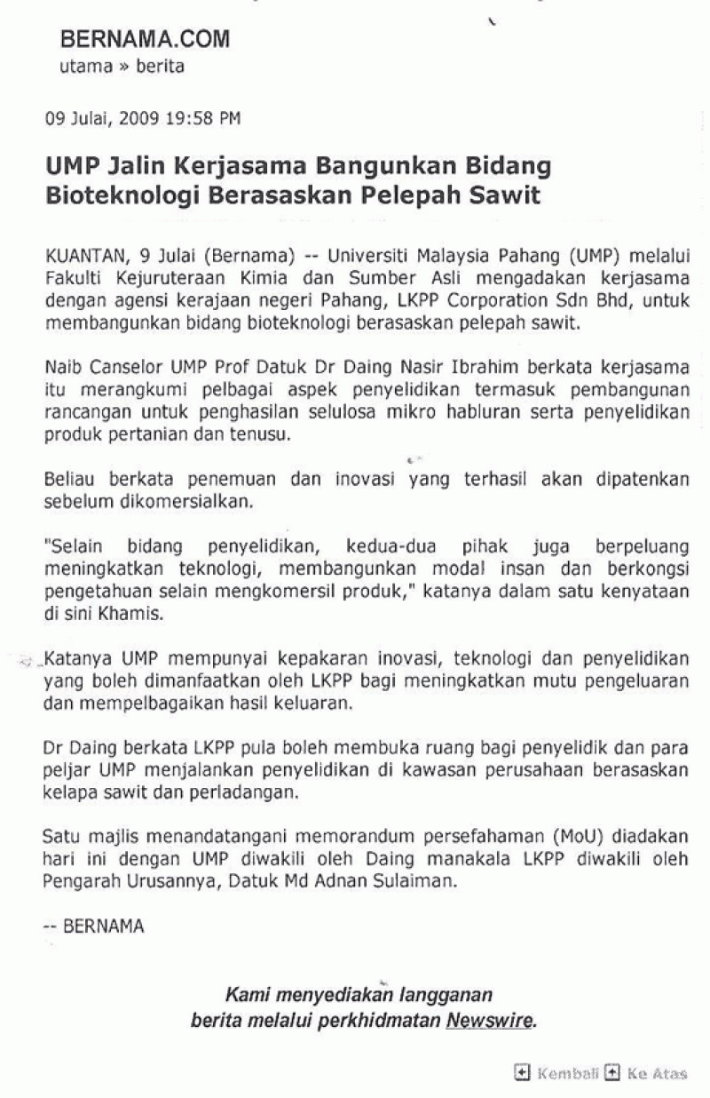 UMP Jalin Kerjasama Bangunkan Bidang Bioteknologi Berasaskan Pelepah Sawit
