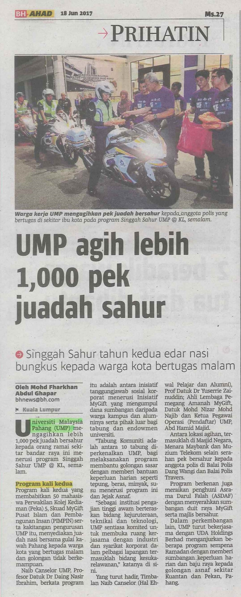 UMP agih lebih 1,000 pek juadah sahur