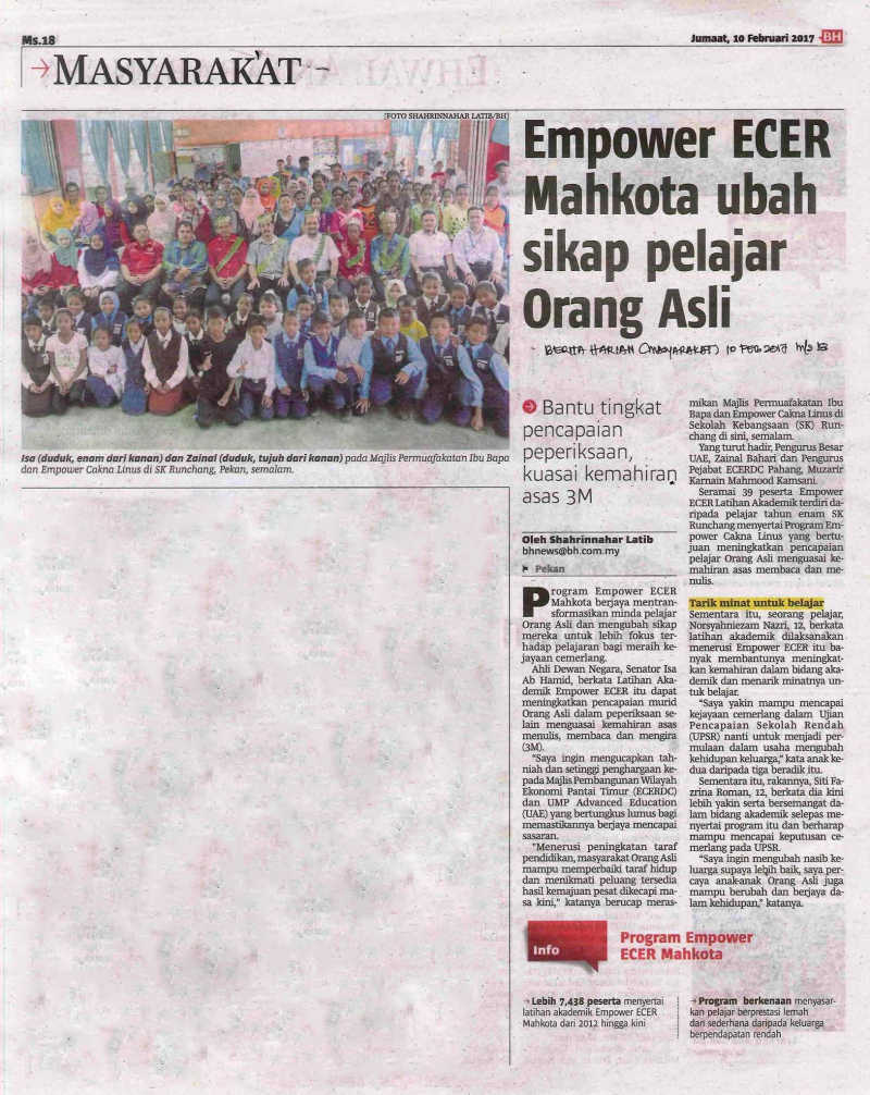 Empower ECER Mahkota ubah sikap pelajar Orang Asli