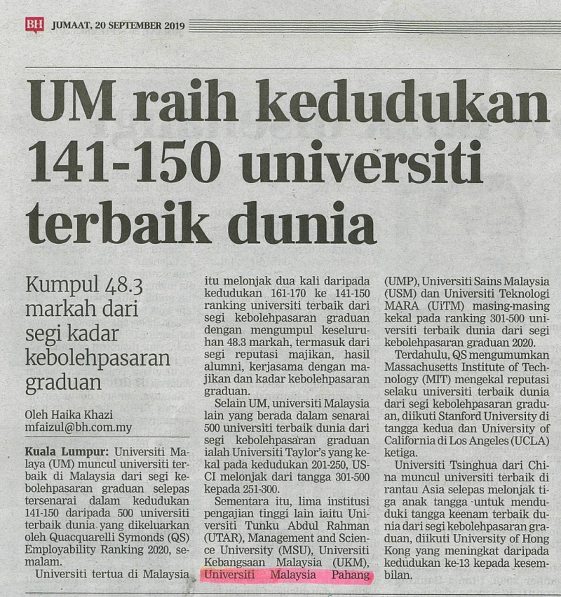 UM raih kedudukan 141-150 universiti terbaik dunia