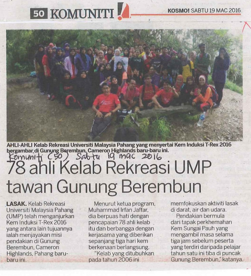 78 ahli Kelab Rekreasi UMP tawan Gunung Berembun