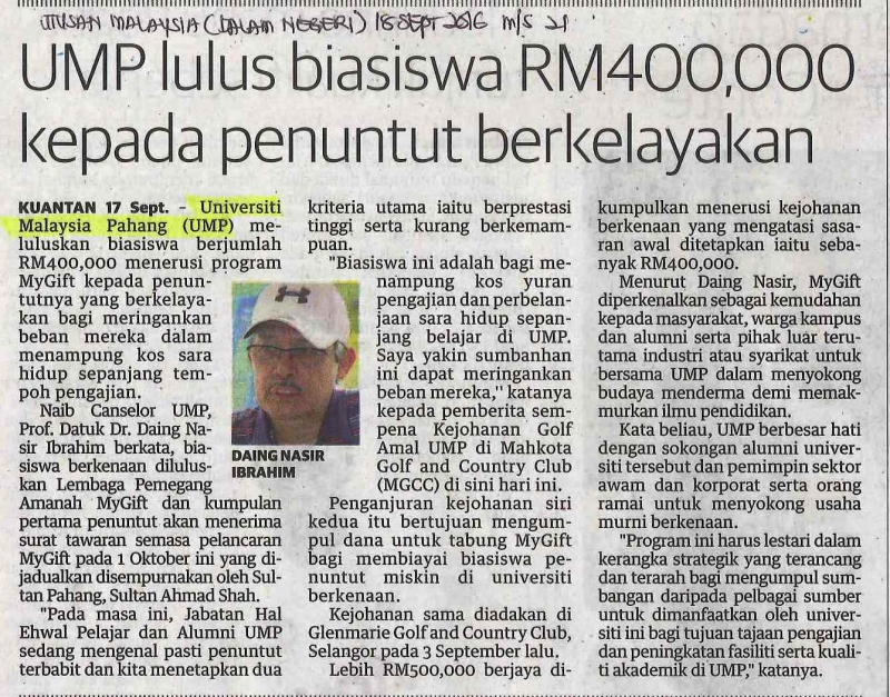 UMP lulus biasiswa RM 400,000 kepada penuntut berkelayakan