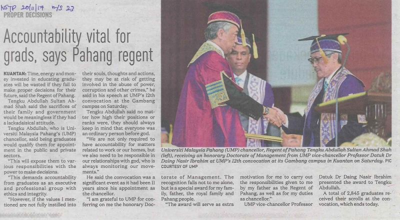 Accountability vital for grads, says Pahang regent