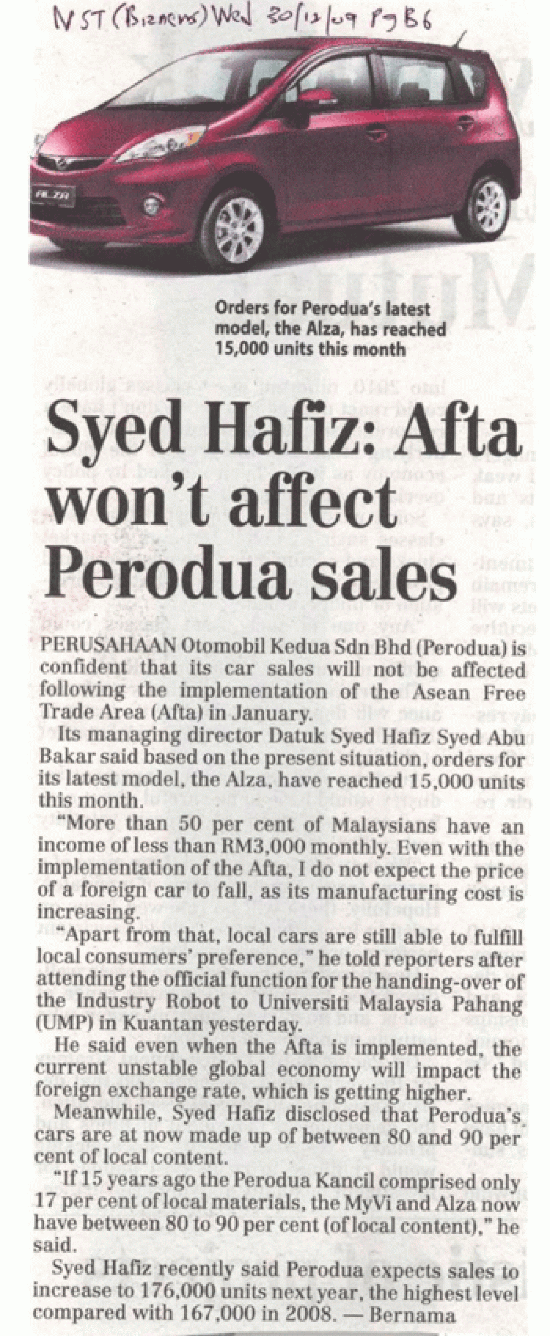 Syed Hafiz: Afta won`t affect Perodua sales