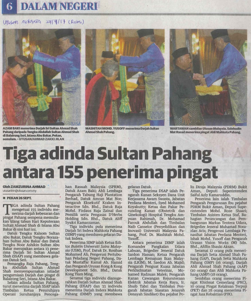 Tiga adinda Sultan Pahang antara 155 penerima pingat