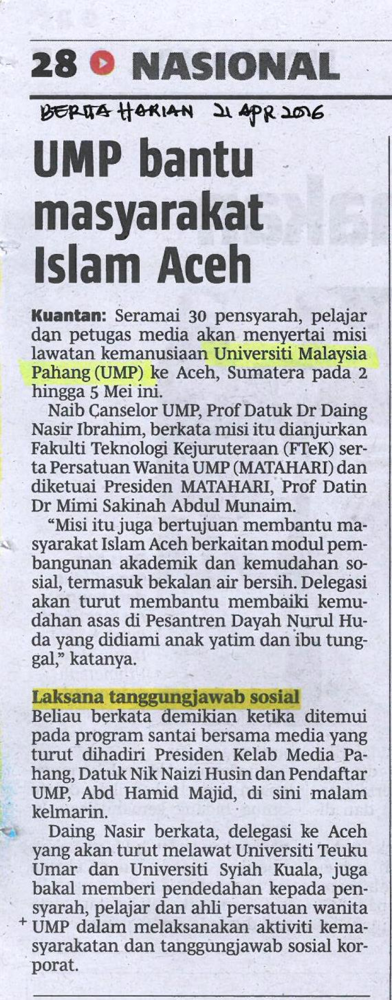 UMP bantu masyarakat Islam Aceh