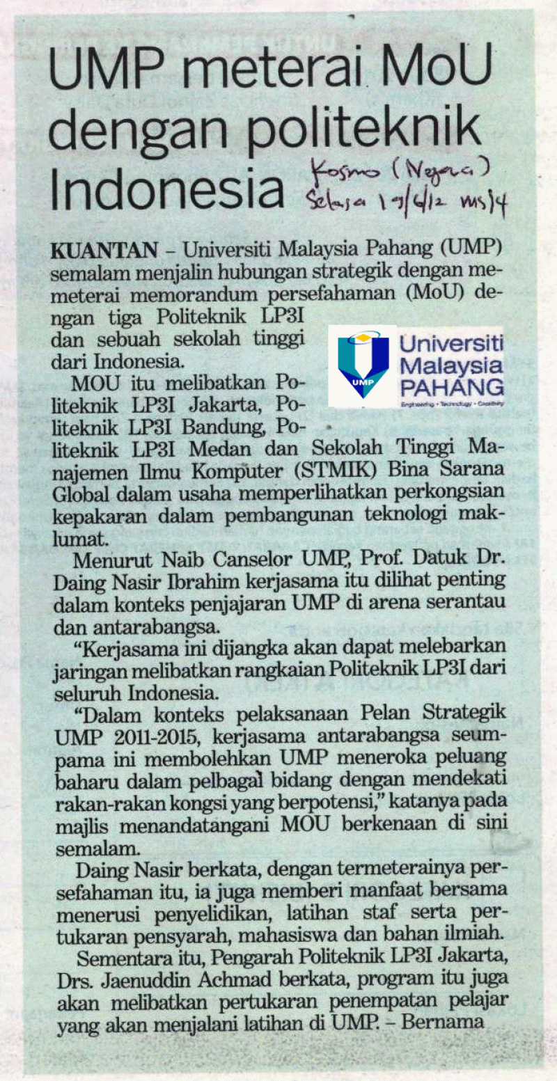 UMP Meterai MoU Dengan Politeknik Indonesia