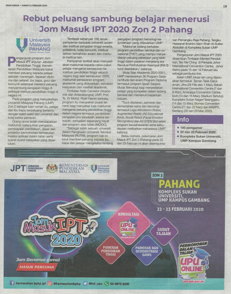 Rebut peluang sambung belajar menerusi Jom Masuk ipt 2020 Zon 2 Pahang 