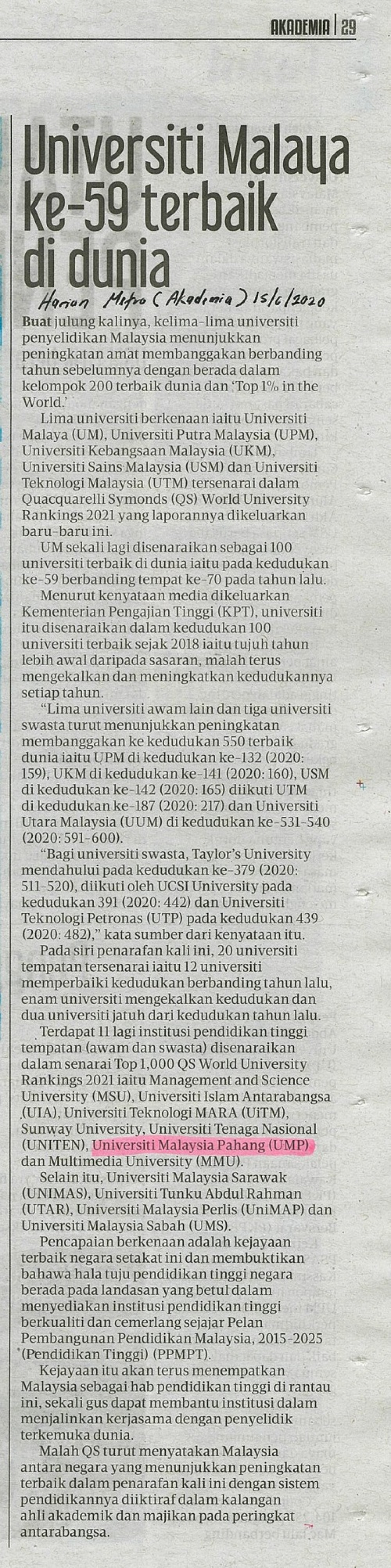 Universiti Malaya ke-59 terbaik di dunia