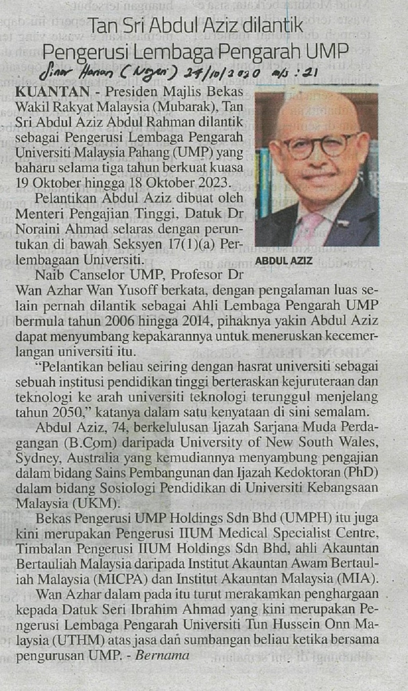 Tan Sri Abdul Aziz dilantik Pengerusi Lembaga Pengarah UMP