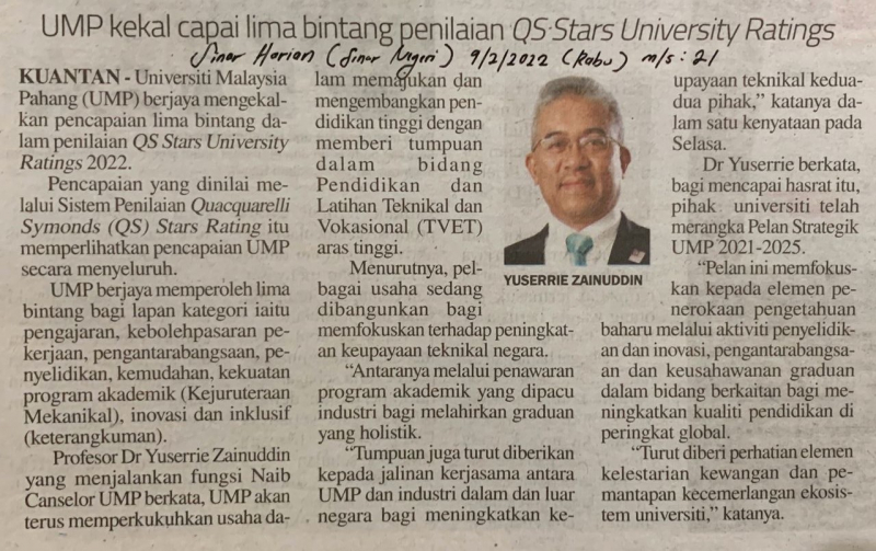 UMP kekal capai lima bintang penilaian QS Stars University Ratings