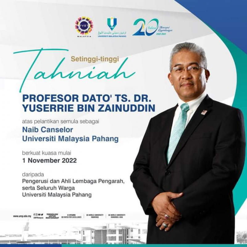 Professor Dato’ Ts. Dr. Yuserrie re-appointed UMP Vice-Chancellor